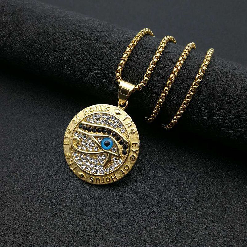 Titanium Steel Gold Plated Rhinestone Eye of Horus Pendant Necklace