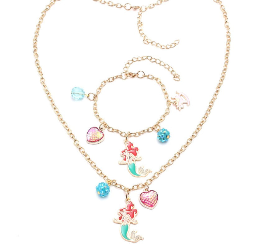 Baby Girls Cute Mermaid Heart Ball Pendants Long Chain Necklace Bracelets Set Fashion Party Jewelry For Child Kids Gift