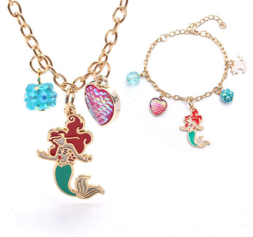 Baby Girls Cute Mermaid Heart Ball Pendants Long Chain Necklace Bracelets Set Fashion Party Jewelry For Child Kids Gift