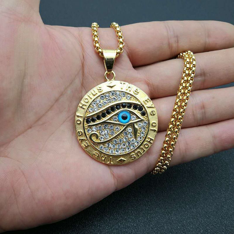 Titanium Steel Gold Plated Rhinestone Eye of Horus Pendant Necklace