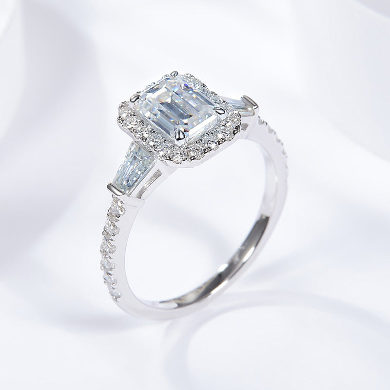 925 Sterling Silver D-color Emerald Cut Moissanite Ring