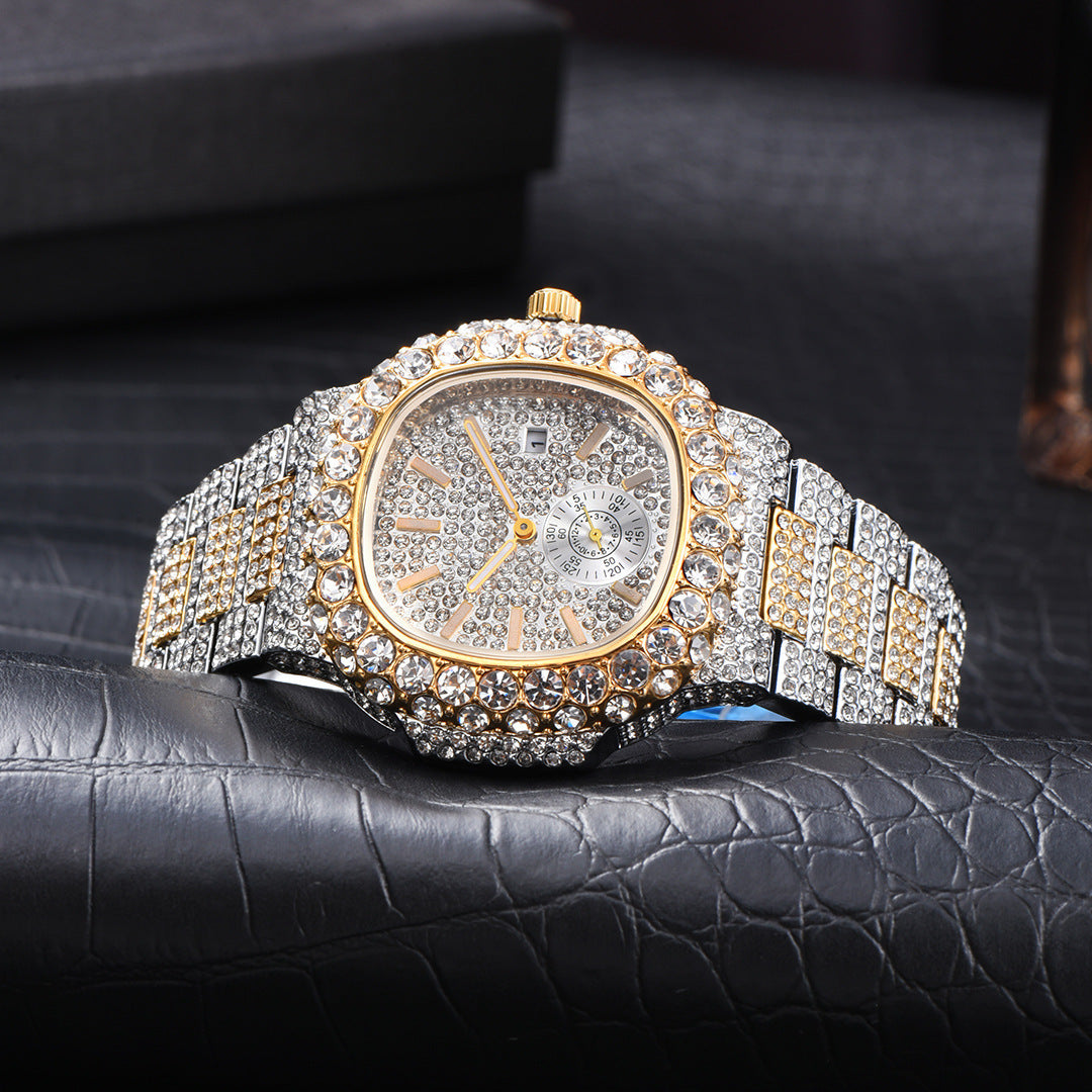 Full Diamond Hip Hop Calendar Luminous Quartz Waterproof Business Men's Gold Watch