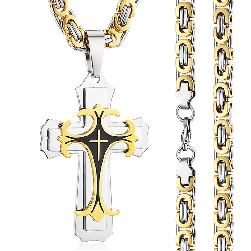 Fashion Jewelry Christian Trinity Latin Cross Necklace For Men Stainless Steel Three Layers Cross Pendants Necklaces Jewelry Gift