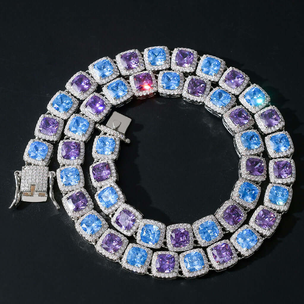 10mm square color blue purple zircon necklace