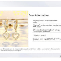 New French Retro S925 Sterling Silver Full Inlaid Love Heart Earrings High-grade Light Luxury Ear Clip Gold Plated