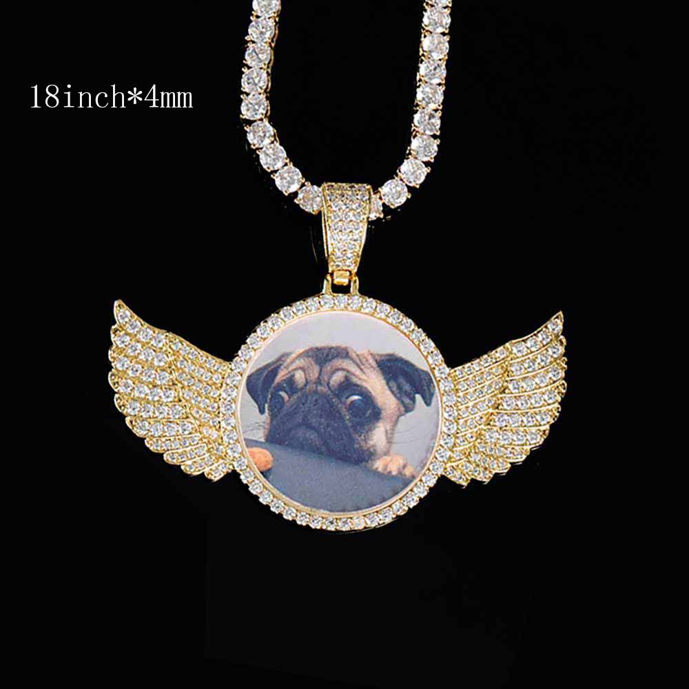 Angel Wings Medallions Custom Photo Pendant Necklace For Men Hip Hop Jewelry Iced Out Pendant Custom Engraved Name Memory Gift