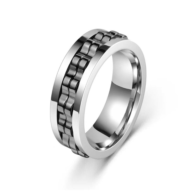 Titanium Spinner Square Texture Ring For Men High Polished Stainless Steel Gear Rotating Anxiety Fidget Rings Charm Jewelry