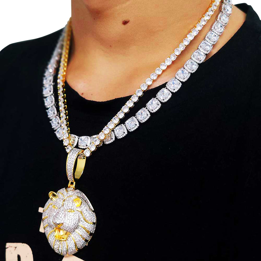 Hip Hop Micro-Set Zircon Solid Lion Head Pendant Real Gold Plating Necklace