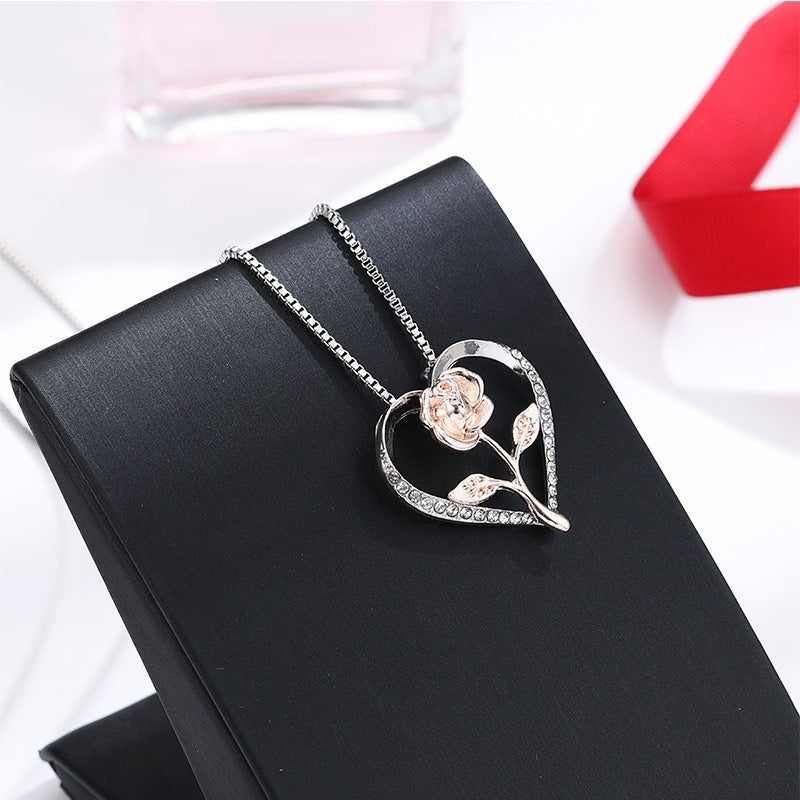 Zircon Heart Rose Silver Necklace For Women