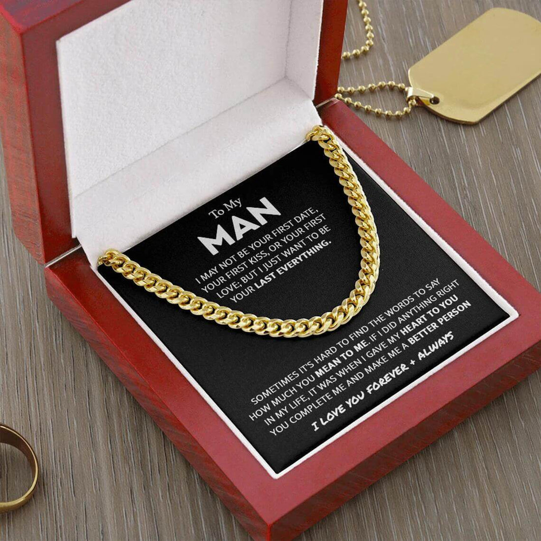 14K Gold Single Round Close Cuban Chain Titanium Steel Necklace With Greeting Card