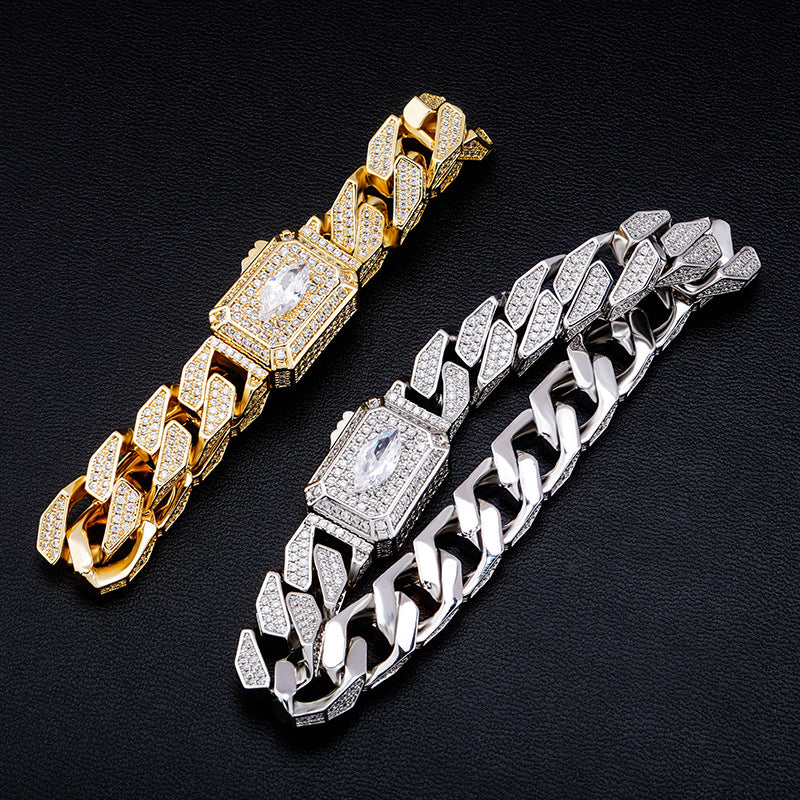 Men's Spring Jewelry Buckle Cuban Chain Full Zircon Bracelet