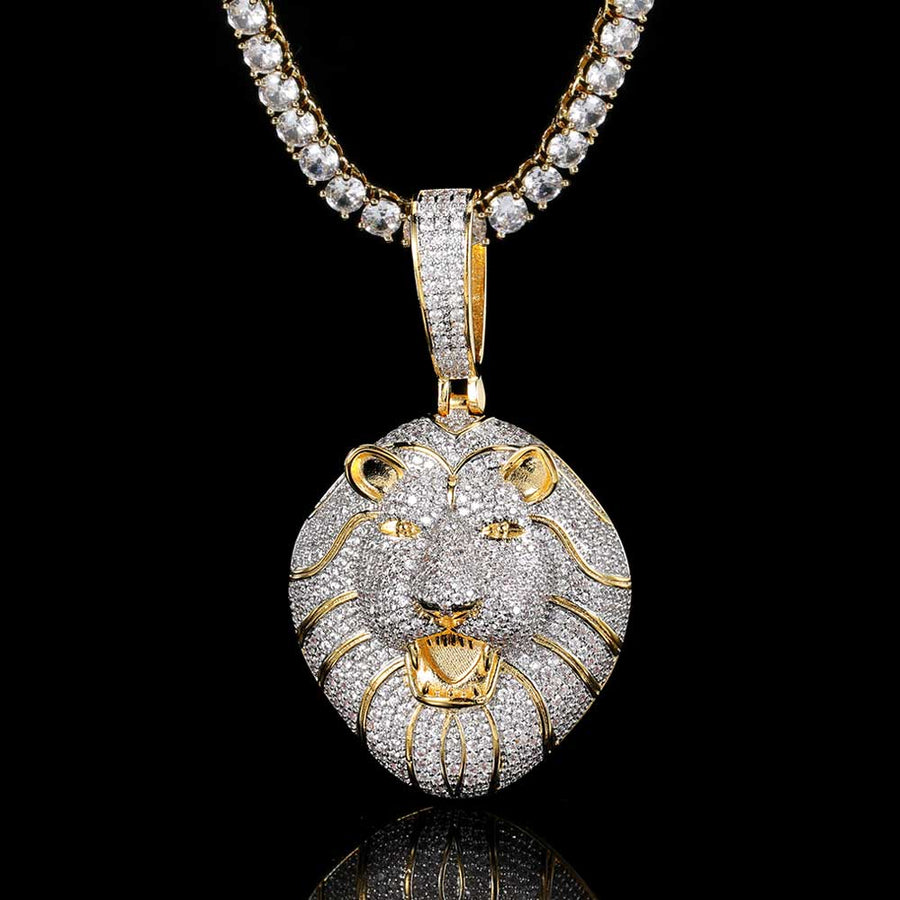 Hip Hop Micro-Set Zircon Solid Lion Head Pendant Real Gold Plating Necklace