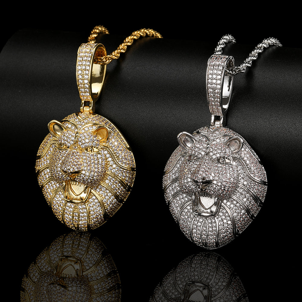 Hip Hop Micro-Set Zircon Solid Lion Head Pendant Real Gold Plating Necklace