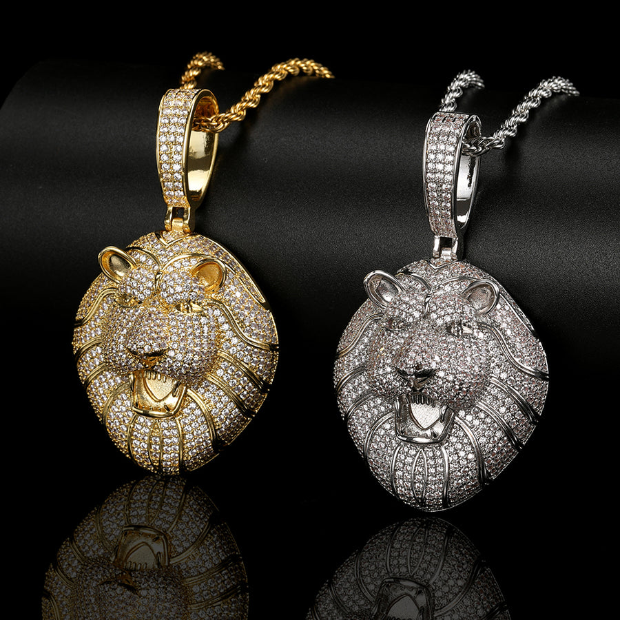 Hip Hop Micro-Set Zircon Solid Lion Head Pendant Real Gold Plating Necklace