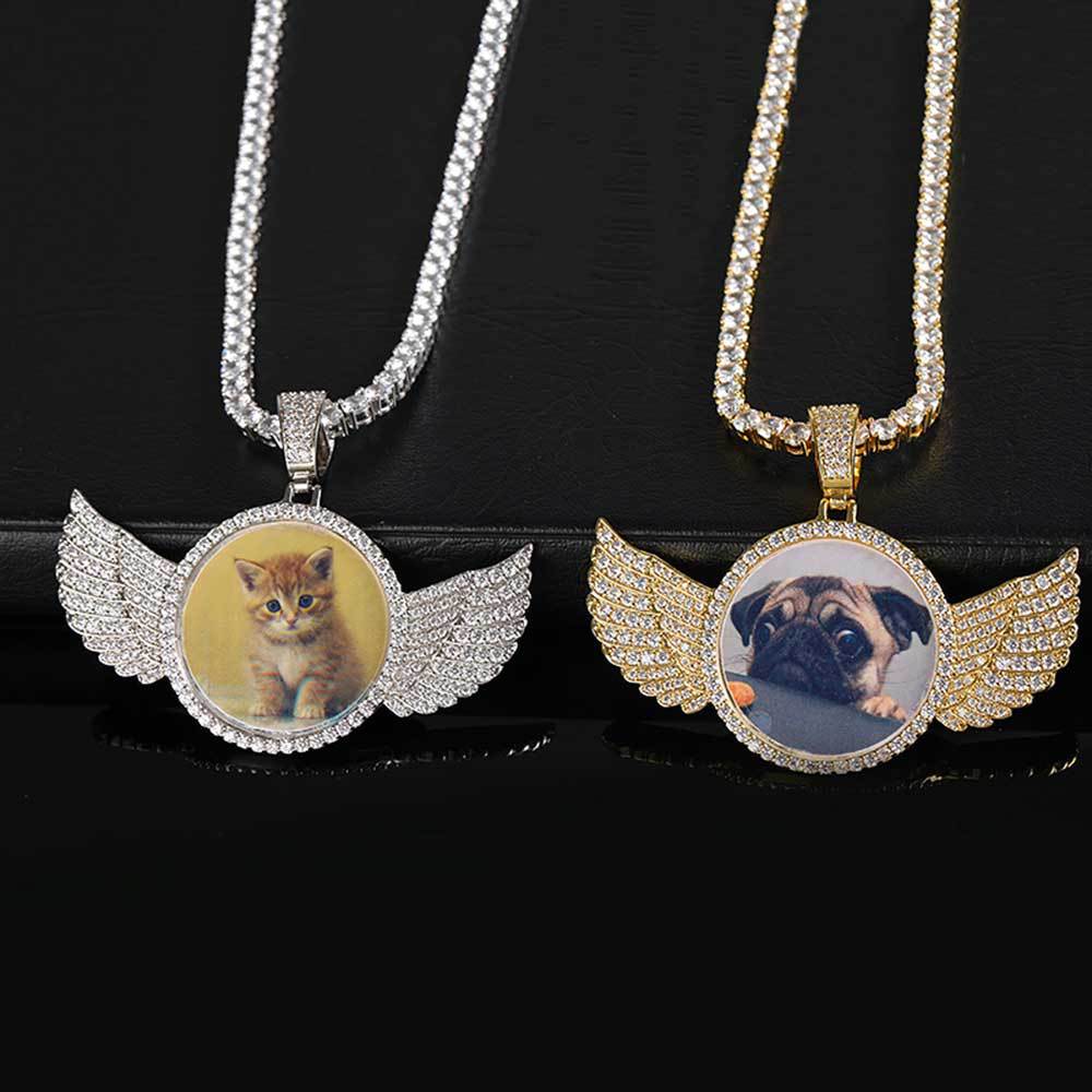 Angel Wings Medallions Custom Photo Pendant Necklace For Men Hip Hop Jewelry Iced Out Pendant Custom Engraved Name Memory Gift