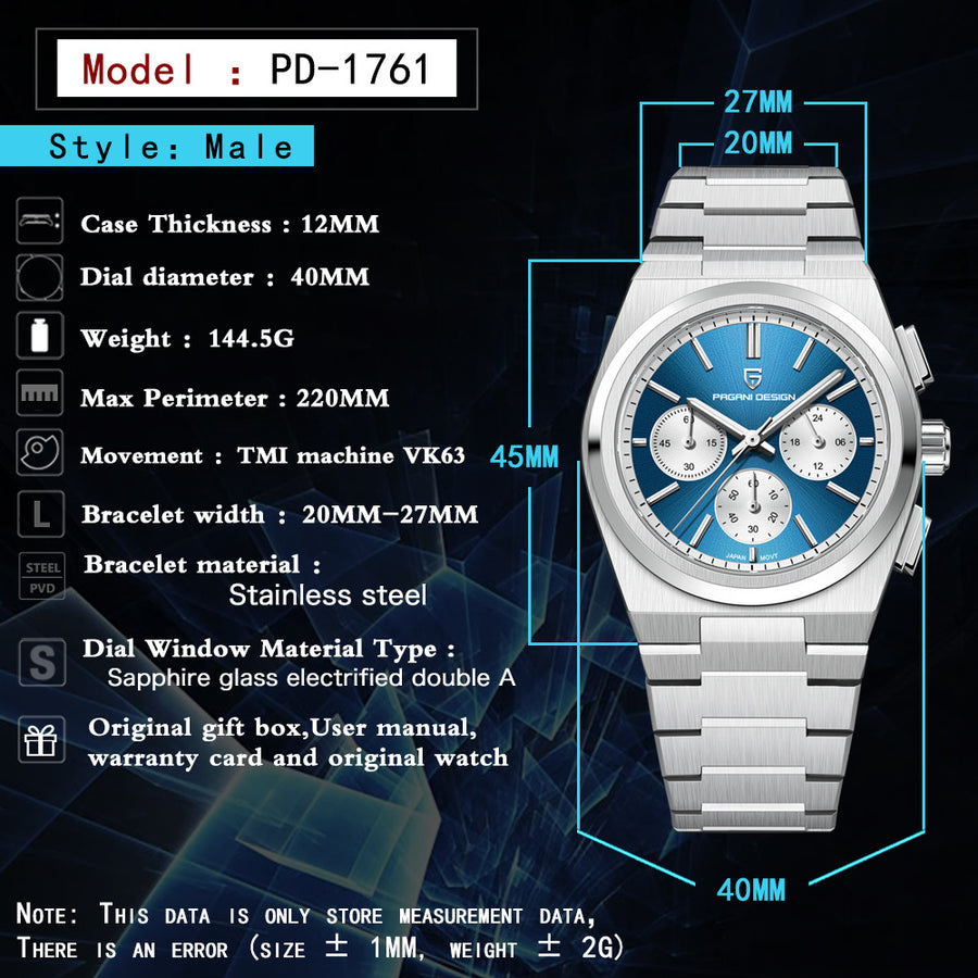 Mens Fashion Blue Quartz Waterproof Chronograph Watch