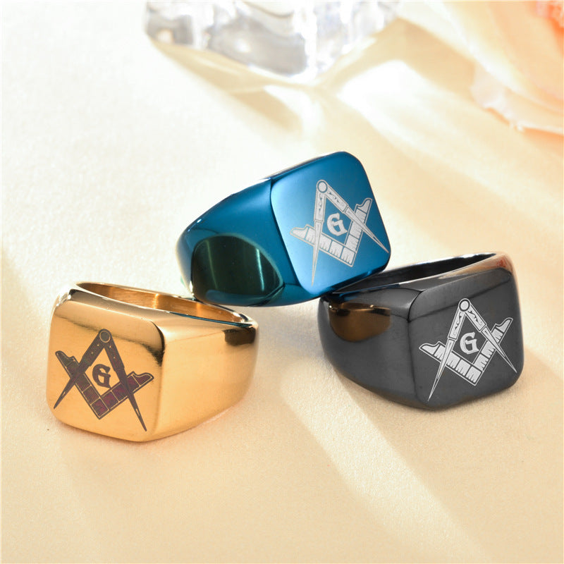 Mens Fashion Vintage Laser Engraved Masonic Symbol Ring